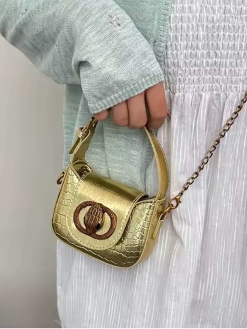 Inspired Kurt Geiger Gold Croc-Texture Mini Top-Handle Bag
